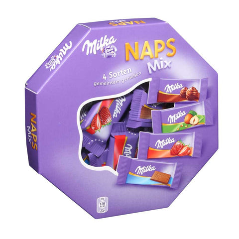 Milka Naps Mix Chocolate Gift Box, 138g (4.9 oz), Assorted Individually Wrapped Milk Chocolate Pieces, European Chocolate Assortment
