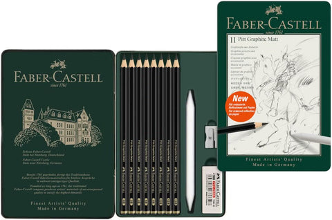 Faber-Castell Pitt Graphite Matte Pencil Set, 8 Graphite Pencils, HB–14B, Metal Tin with Sharpener, Eraser & Blending Stump, Drawing & Sketching Set