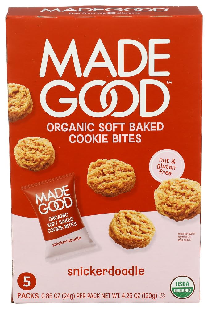 Bocaditos de galleta orgánica de horneado suave MadeGood, sabor snickerdoodle, sin frutos secos ni gluten, sin los 9 alérgenos principales, paquetes de 0,85 oz, 5 unidades (4,25 oz)