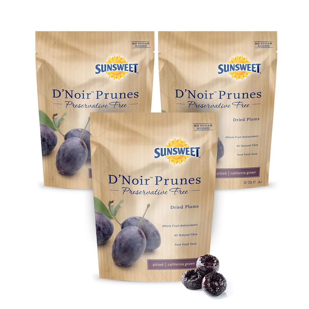Sunsweet D’Noir Pitted Prunes, Preservative Free, No Sugar Added, California Grown Dried Plums, 8 oz (250g) Pouch (Pack of 3)