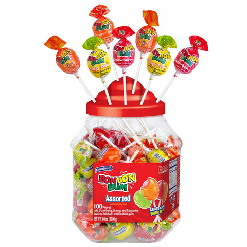 Colombina Bon Bon Bum Lollipops, Assorted Flavors, 100 Count, 1 Jar, Fruity Lollipop Candy, Filled Center