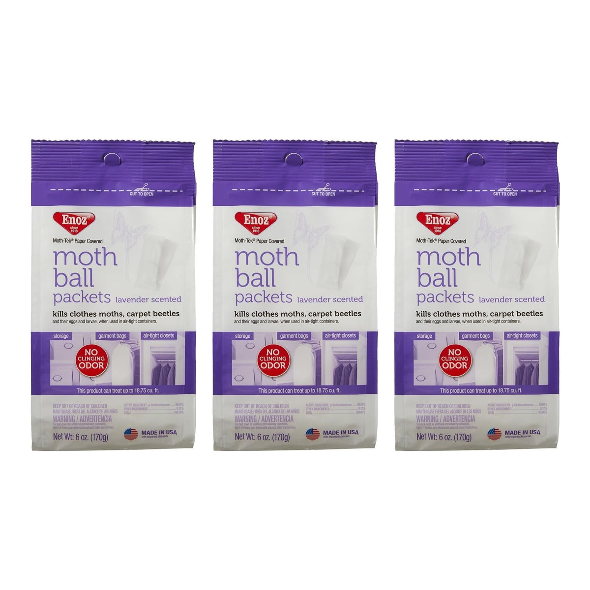 Enoz Moth Ball Packets, Lavender Scented, Paper Covered, Kills Clothes Moths & Carpet Beetles, No Clinging Odor, 6 oz (Pack of 3)