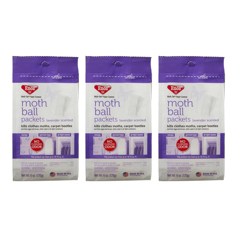Enoz Moth Ball Packets, Lavender Scented, Paper Covered, Kills Clothes Moths & Carpet Beetles, No Clinging Odor, 6 oz (Pack of 3)