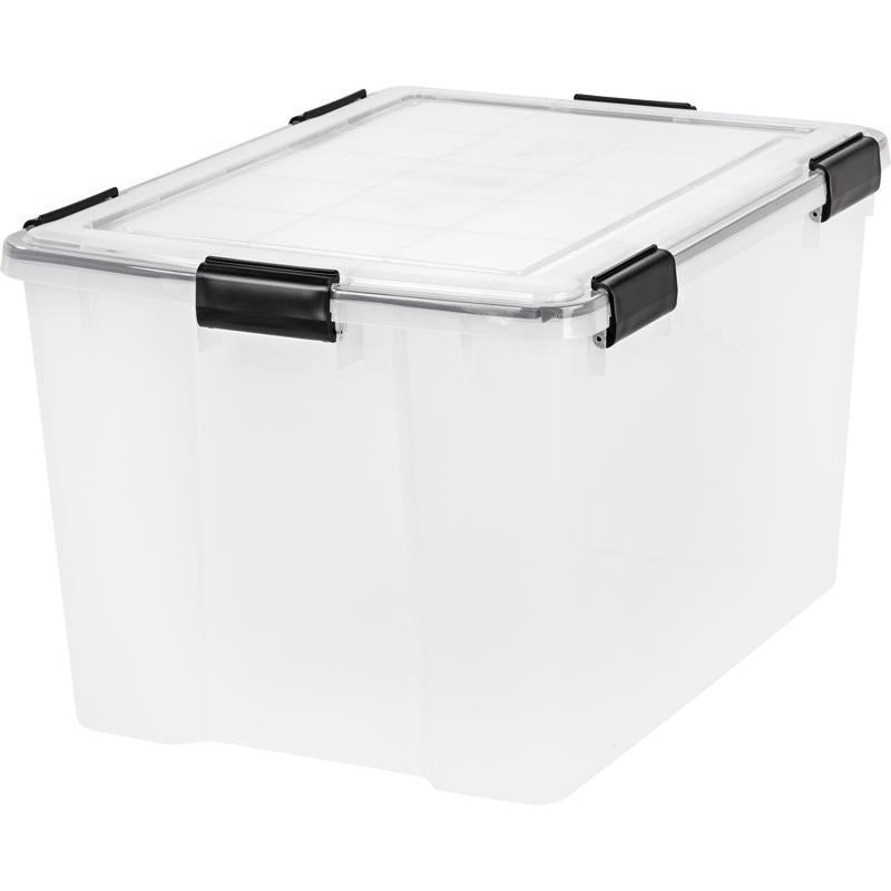Contenedor transparente IRIS WEATHERPRO de 74 qt, 14,5 pulg. de alto x 17,75 pulg. de ancho x 23,6 pulg. de profundidad, apilable (paquete de 4)
