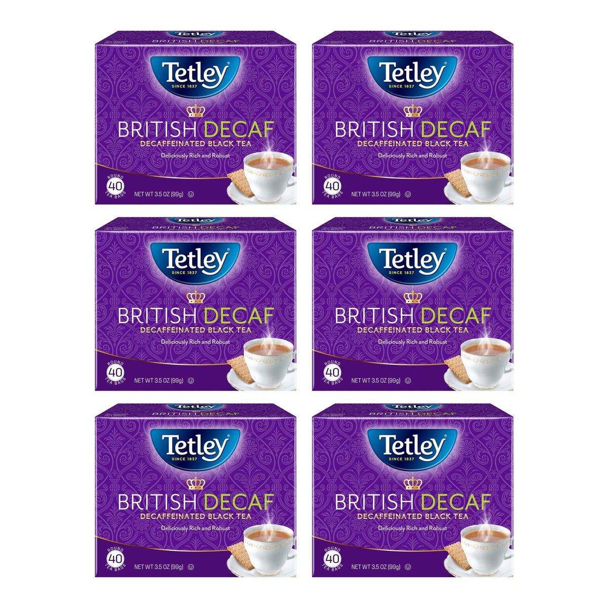 Tetley British Decaf Decaffeinated Black Tea, Deliciously Rich and Robust, 40 Round Tea Bags per Box (Pack of 6, 240 Tea Bags Total)