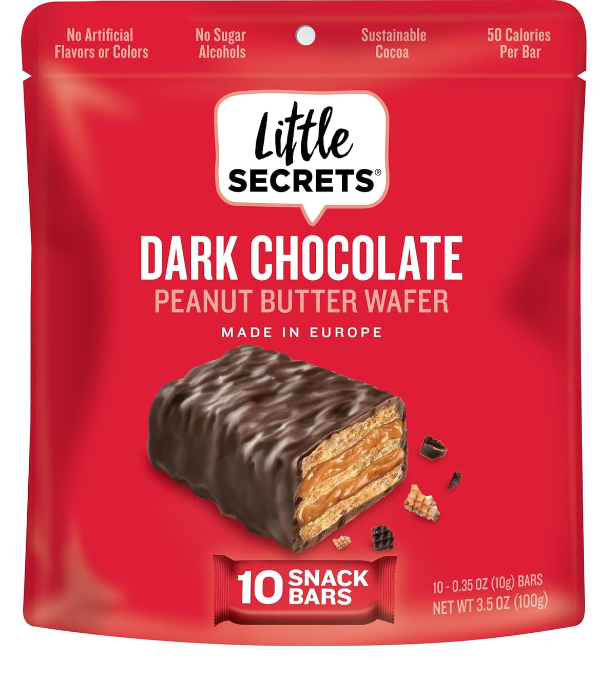 Barras de bocadillo Little Secrets de chocolate negro con mantequilla de cacahuete y oblea, sin sabores ni colorantes artificiales, sin alcoholes azucarados, cacao sostenible, 10 unidades, bolsa de 3,5 oz