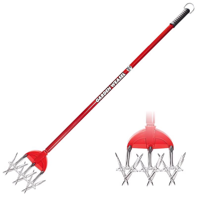 Cultivador manual rotativo de acero Garden Weasel de 3 púas, 55 pulg., mango de acero