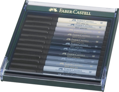 Faber-Castell Pitt Artist Brush Pens, 12 Assorted Grey Tones, Brush Tip, Artist Drawing Pens in Robust Workstation Case