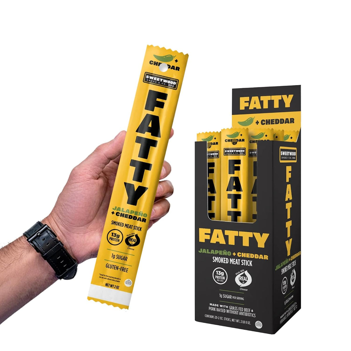 FATTY Grass-Fed Beef Smoked Meat Sticks, Jalapeno Cheddar, 2 oz (20 Pack)