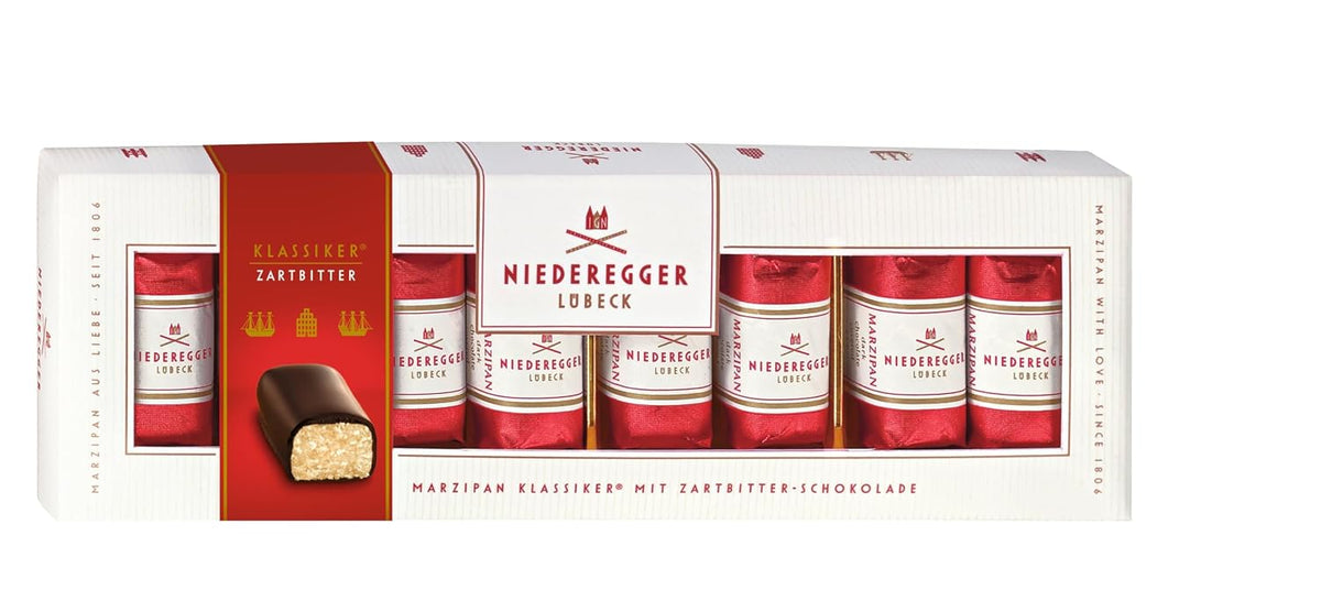 Niederegger Classic Marzipan Gift Box, 100g (3.5 oz), 8 Pieces, German Marzipan Covered in Dark Chocolate, Premium Confectionery, Made in Germany