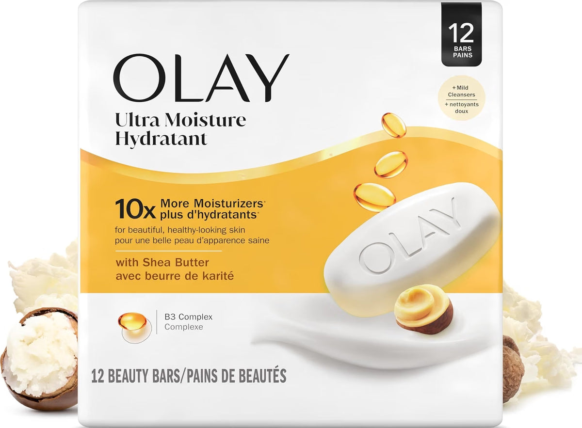 Olay Ultra Moisture Bar Soap with Shea Butter, 3.17 oz, 12 Count, Moisturizing Beauty Bars for Everyday Cleansing