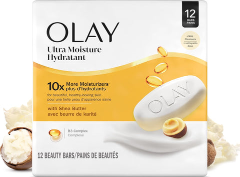 Olay Ultra Moisture Bar Soap with Shea Butter, 3.17 oz, 12 Count, Moisturizing Beauty Bars for Everyday Cleansing