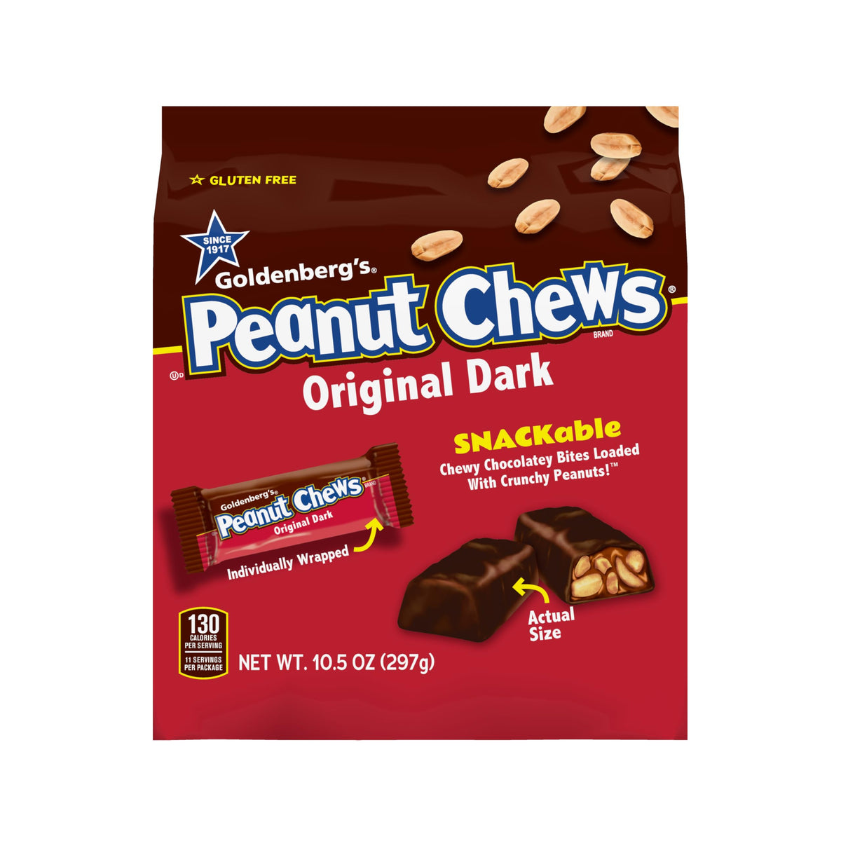 Goldenberg’s Peanut Chews Original Dark, Chewy Chocolatey Bites Loaded with Crunchy Peanuts, Gluten Free, Individually Wrapped, 10.5 oz Bag