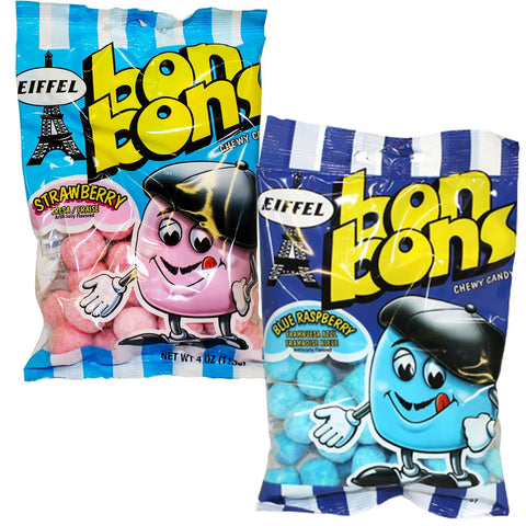 Eiffel Bon Bons Variety 2 Pack, 4 Ounce Each (Pack of 2) Blue Raspberry & Strawberry, Chewy Candy Snack, The Hampton Popcorn & Candy Company