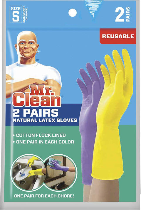 Guantes de limpieza reutilizables de látex natural Mr. Clean, forrados con algodón, un par de cada color (morado y amarillo), talla pequeña, 2 pares