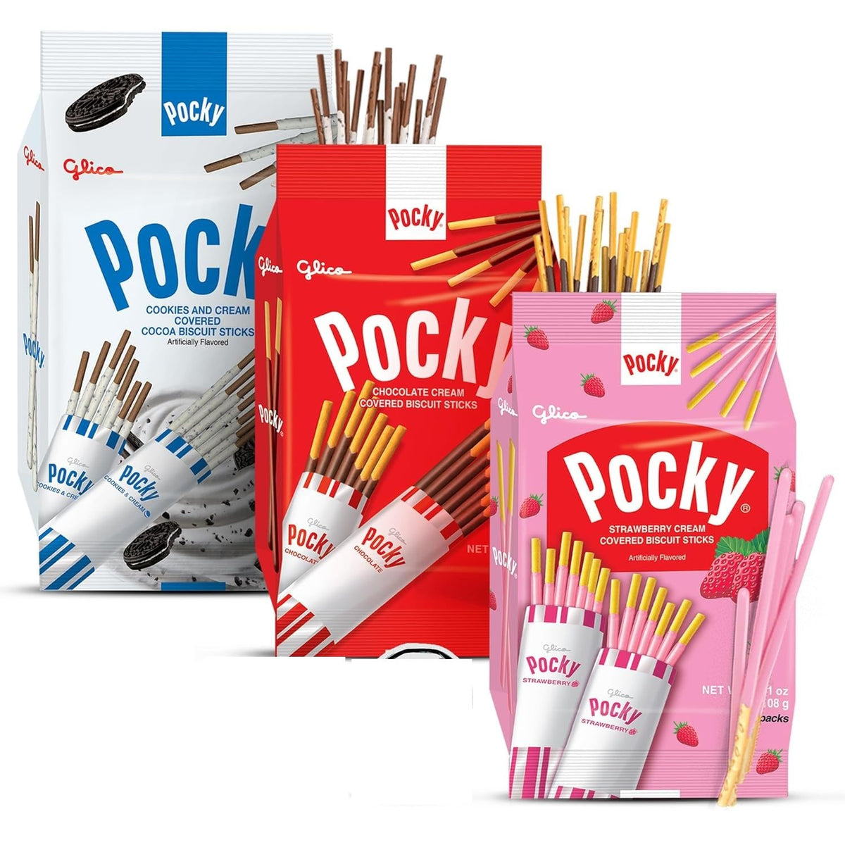 Glico Pocky Variety Pack, Chocolate, Strawberry and Cookies & Cream Cream Covered Biscuit Sticks, Japanese Snack Family Bags (3 Bag Set)