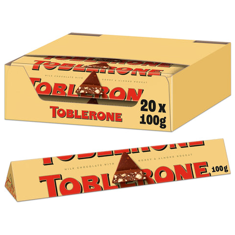 Toblerone Milk Chocolate Bar, 100g (3.52 oz), 20 Pack, Swiss Milk Chocolate with Honey & Almond Nougat