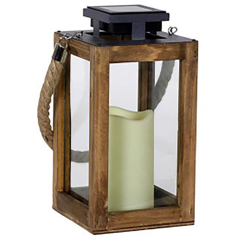 Exhart Farol solar de vidrio/madera de 11 pulg., negro/marrón, con vela (paquete de 4)