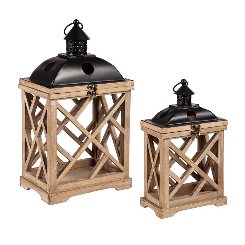 Meadow Creek Two Mantle Metal/Wood Hurricane Black/Brown Lantern (Pack of 2)