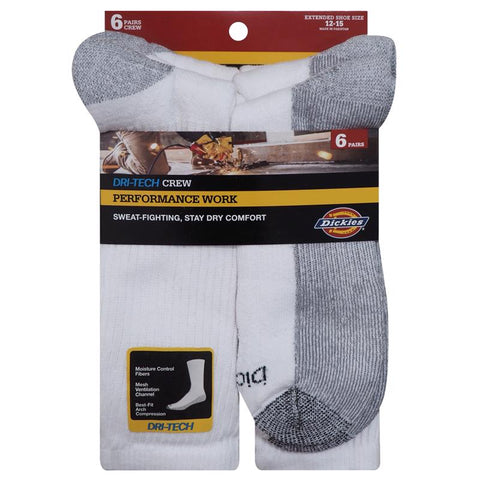 Dickies Dri-Tech Men's 12-15 Crew Socks White (Pack of 2)