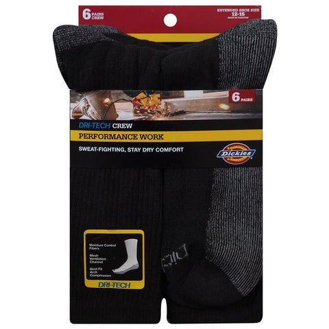 Dickies Dri-Tech Men's 12-15 Crew Socks Black (Pack of 2)