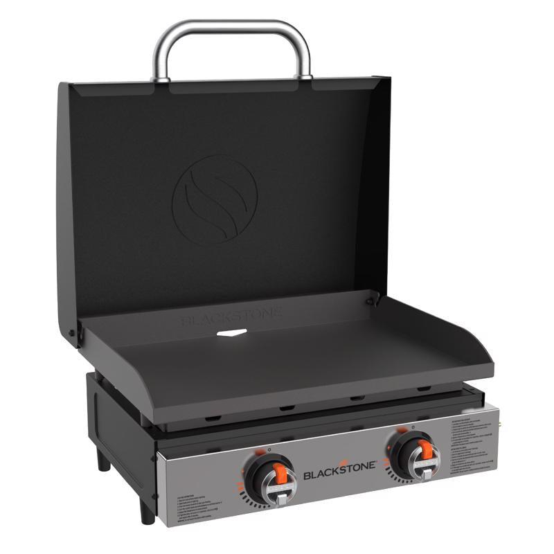 Plancha de exterior sobremesa Blackstone de 2 quemadores para propano líquido, negra/plateada