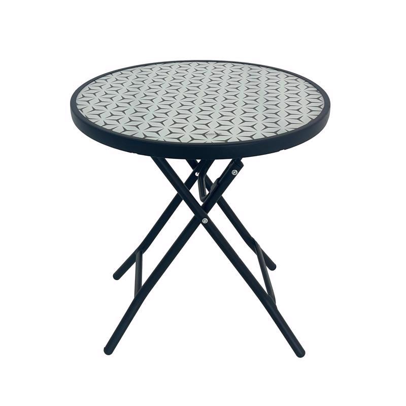 Living Accents Patterned Top Black Round Glass Folding Side Table (Pack of 4)