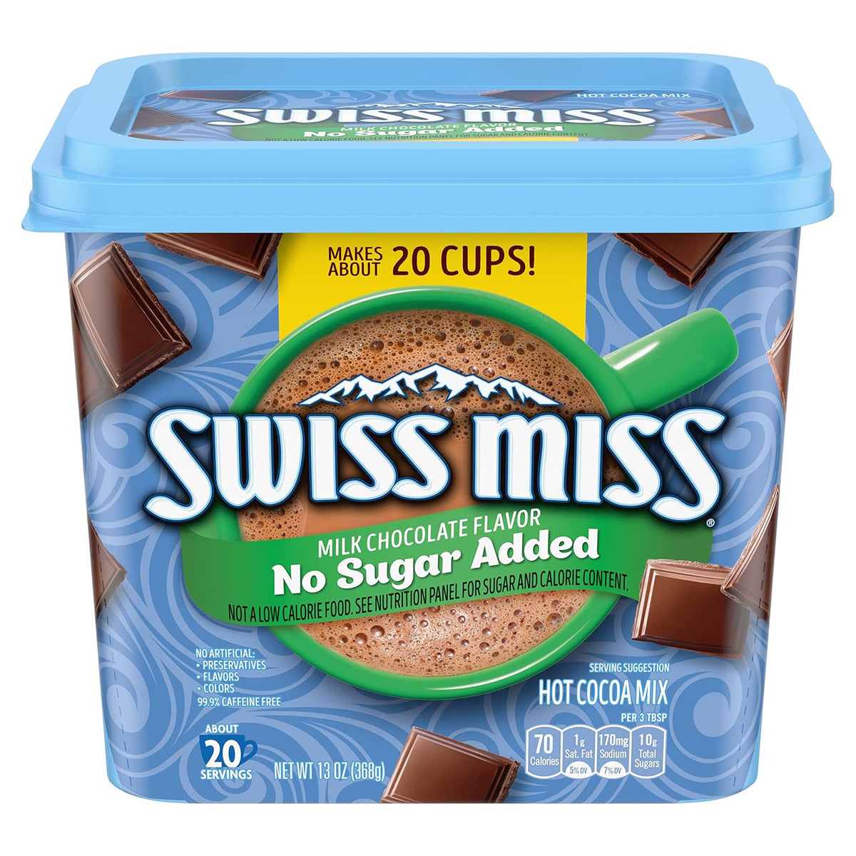 Mezcla para chocolate caliente Swiss Miss sabor a chocolate con leche sin azúcar añadida, rinde aproximadamente 20 tazas, envase de 13 oz