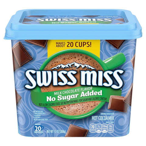 Mezcla para chocolate caliente Swiss Miss sabor a chocolate con leche sin azúcar añadida, rinde aproximadamente 20 tazas, envase de 13 oz