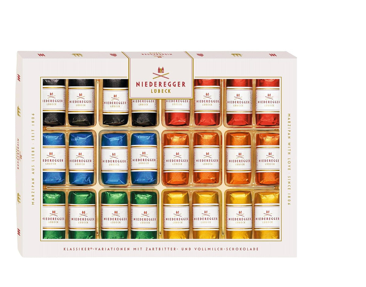 Niederegger Marzipan Classics Assortment, Dark and Milk Chocolate Covered Marzipan, 6 Flavors, 24 Pieces, 300g (10.5 oz) Gift Box
