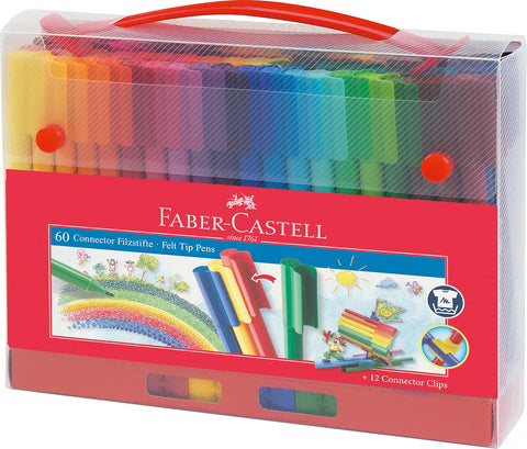 Faber-Castell Connector Felt-Tip Pens, 60 Assorted Colors, Felt Tip Marker Set in Storage Case for Drawing, Coloring & Creative Projects