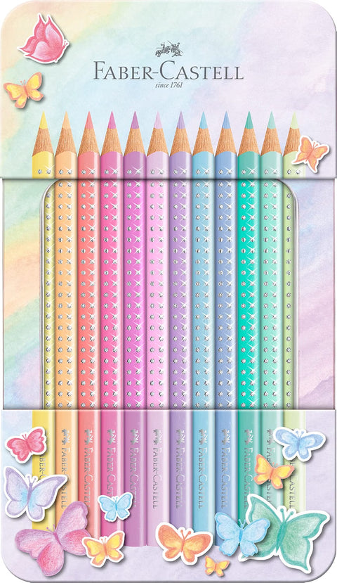Faber-Castell Sparkle Pastel Colored Pencils, 12 Assorted Colors, Metal Case, Colored Pencil Set for Drawing, Sketching & Coloring