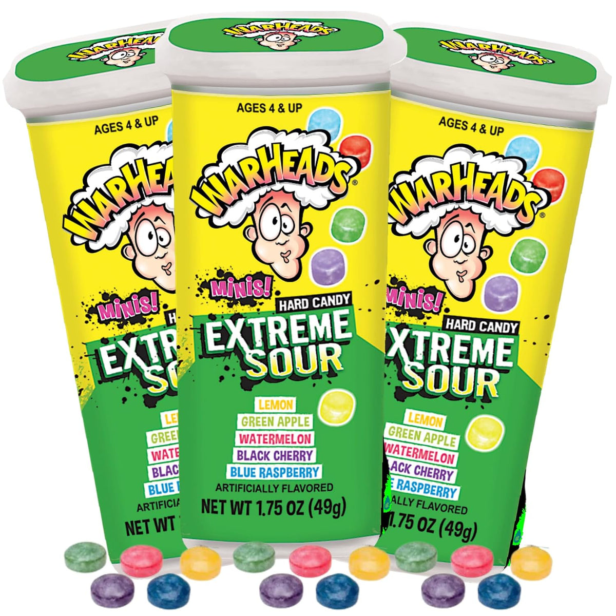 Warheads Minis Extreme Sour Hard Candy, Assorted Fruit Flavors, 1.75 oz (3 Pack)