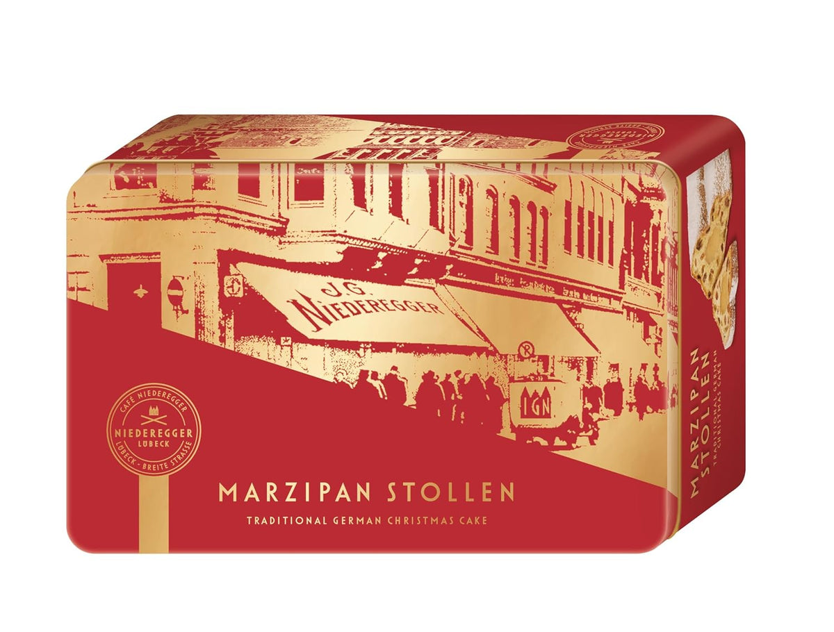Niederegger Marzipan Stollen in Decorative Red Gift Tin, Traditional German Christmas Cake with Lübeck Marzipan, 500g (17.6 oz)