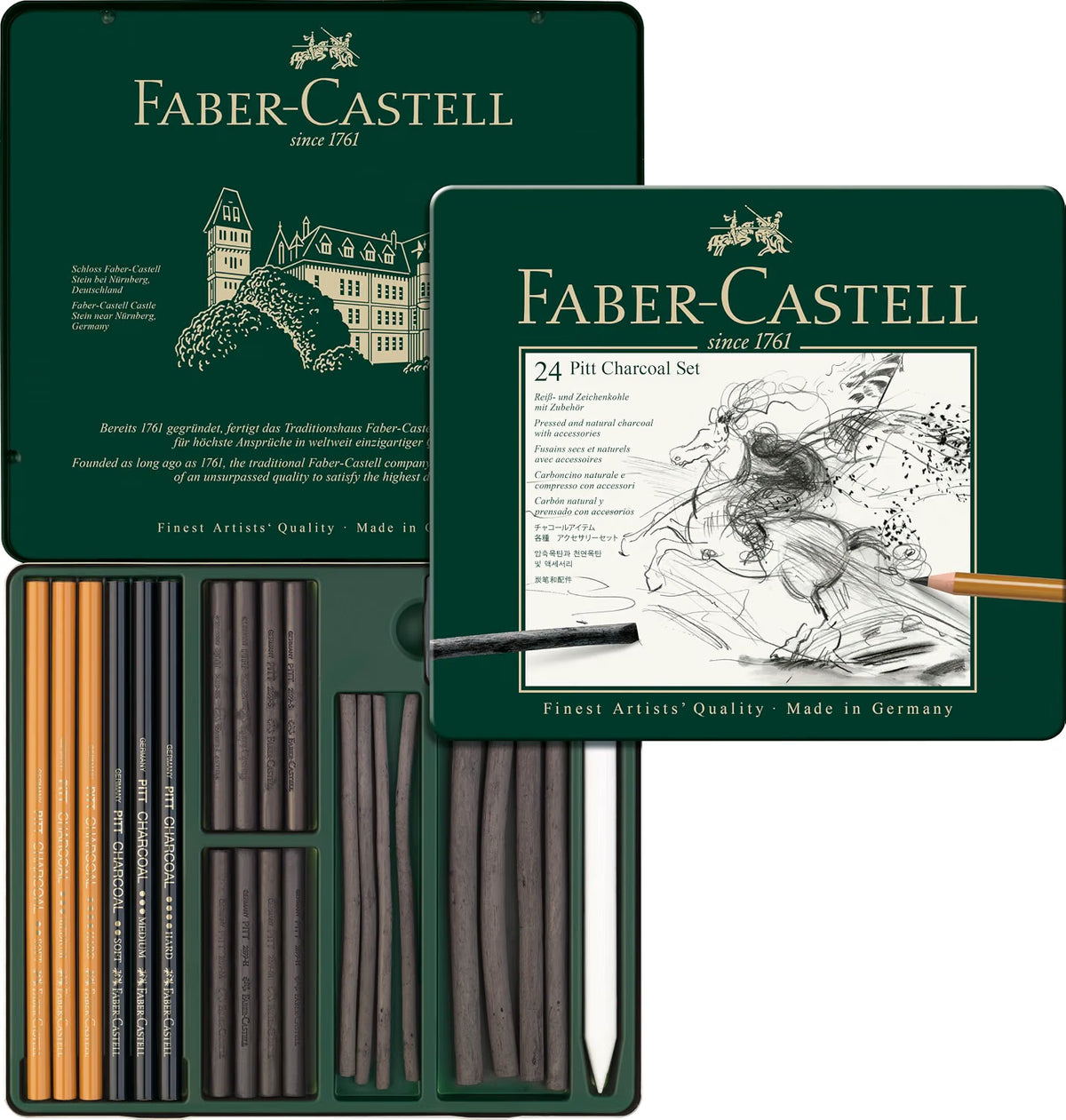 Faber-Castell Pitt Charcoal Drawing Set, 24 Pieces, Charcoal Pencils & Drawing Accessories, Sketching, Portraits, Shading & Expressive Artwork