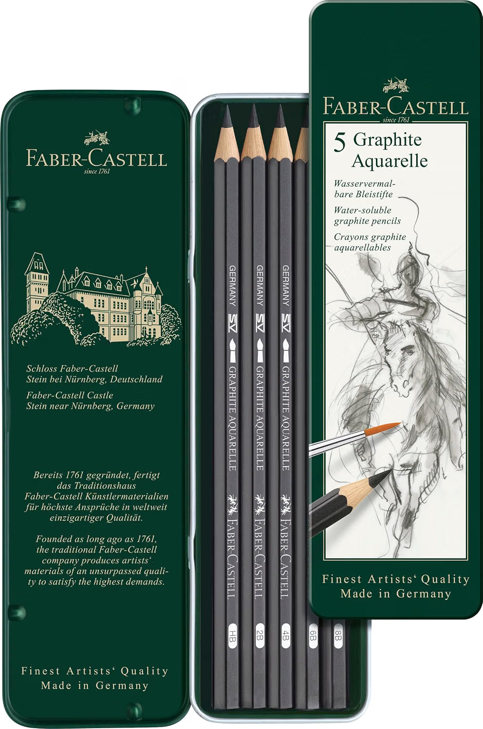 Faber-Castell Aquarelle Water-Soluble Graphite Pencils, 5 Piece Set, HB, 2B, 4B, 6B & 8B, Metal Tin, Graphite Drawing & Sketching Pencils