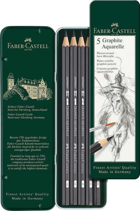 Faber-Castell Aquarelle Water-Soluble Graphite Pencils, 5 Piece Set, HB, 2B, 4B, 6B & 8B, Metal Tin, Graphite Drawing & Sketching Pencils