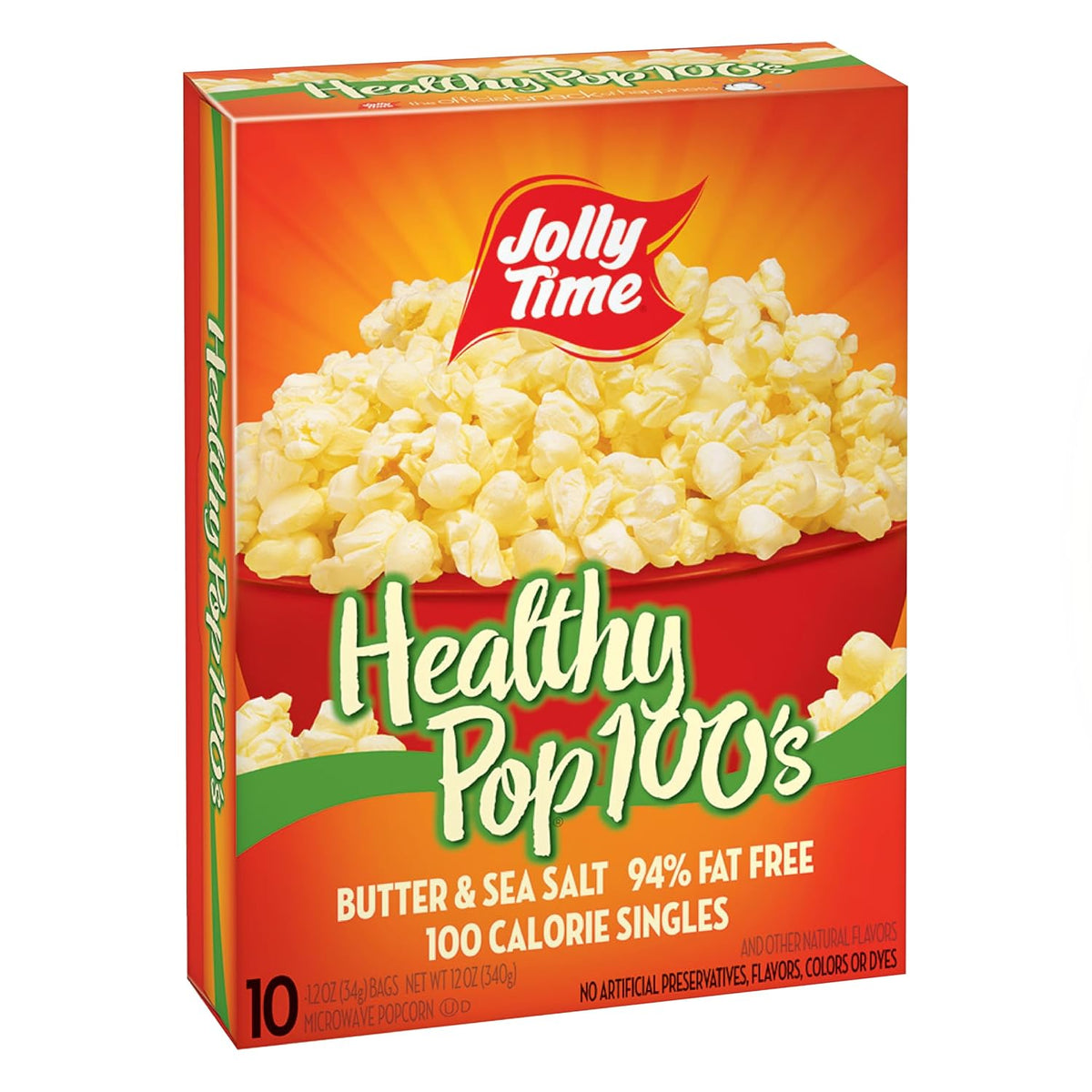 Jolly Time Healthy Pop 100’s Butter & Sea Salt Microwave Popcorn, 94% Fat Free, 100 Calorie Singles, No Artificial Preservatives, Flavors, Colors or Dyes, 1.2 oz Bags (10 Count)