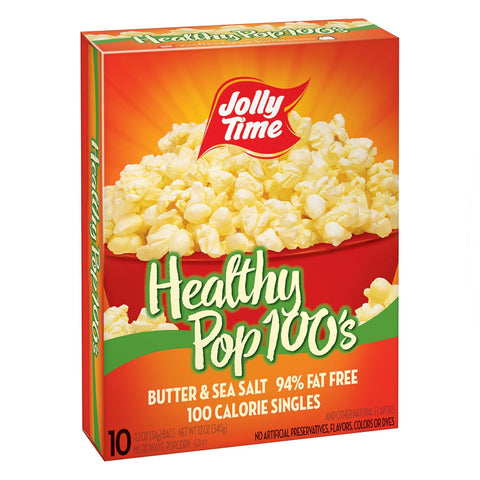 Jolly Time Healthy Pop 100’s Butter & Sea Salt Microwave Popcorn, 94% Fat Free, 100 Calorie Singles, No Artificial Preservatives, Flavors, Colors or Dyes, 1.2 oz Bags (10 Count)