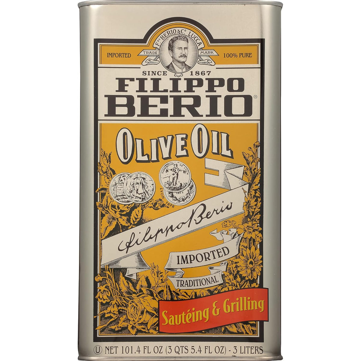 Filippo Berio Olive Oil, 100% Pure, Imported, Traditional, for Sautéing & Grilling, 101.4 fl oz (3 Liter) Tin