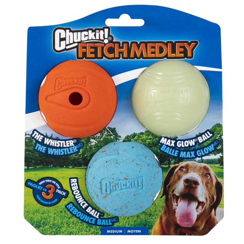 Chuckit! For Dog Assorted Rubber Glow, Whistler and Rebounce Bounce Ball Medium 3 pk