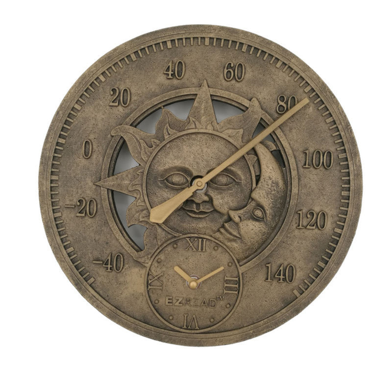 EZRead Sun & Moon Clock/Thermometer Polyresin Bronze 12 in. (Pack of 4)