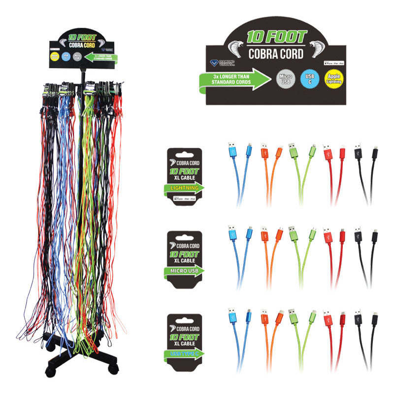 Diamond Visions Cobra Cord Micro to USB Charge and Sync Cable 10 Assorted (Pack of 72)