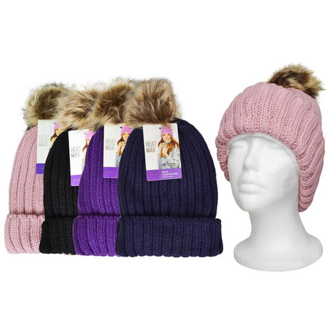 Diamond Visions Heat Max Fur Pom-Pom Thermal Hat Acrylic 1 pc (Pack of 24)