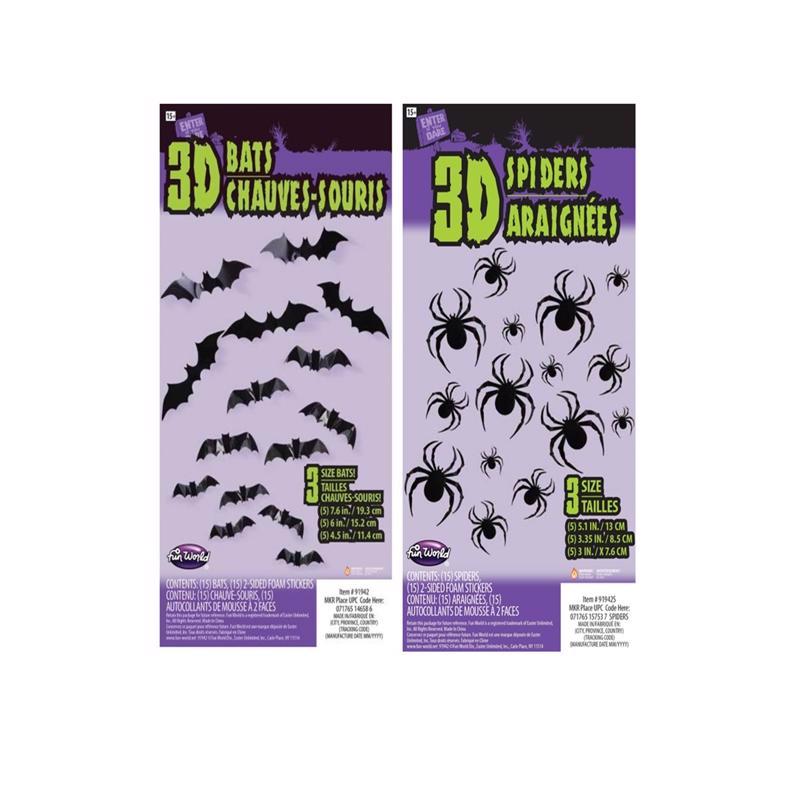 Fun World 3D Bats or Spiders Stickers Halloween Decor (Pack of 12)