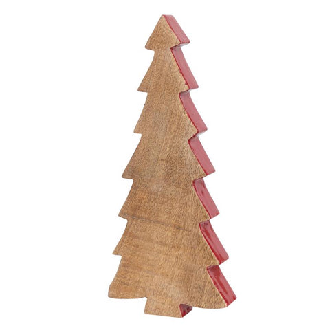 Creative Co-Op Natural Mango Wood Christmas Tree w Red Enameled Edge Table Decor 11 in. (Pack of 12)