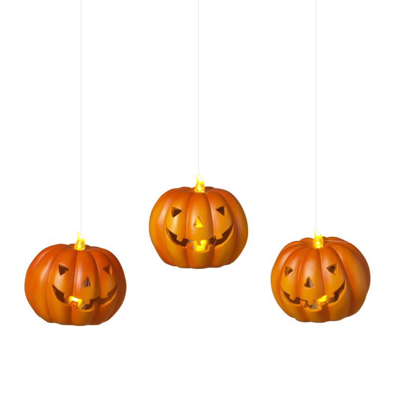 Gerson 4.5 in. Set of 3 Lighted Resin Halloween Pumpkins with Remote Hanging Decor (Pack of 6)