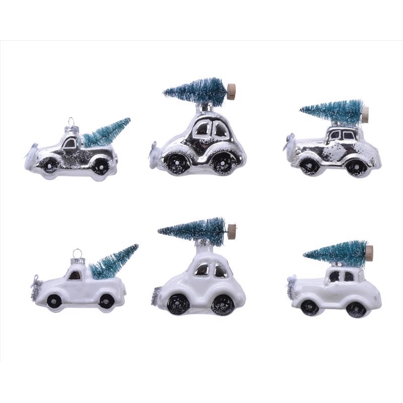 Decoris White/ Blue Car with Tree Ornament 4 in. (Pack of 48)