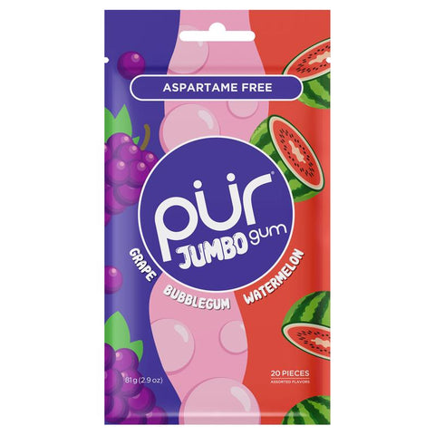 PUR Jumbo Sugar Free Grape/Bubblegum/Watermelon Chewing Gum 1 pk 2.9 oz (Pack of 10)