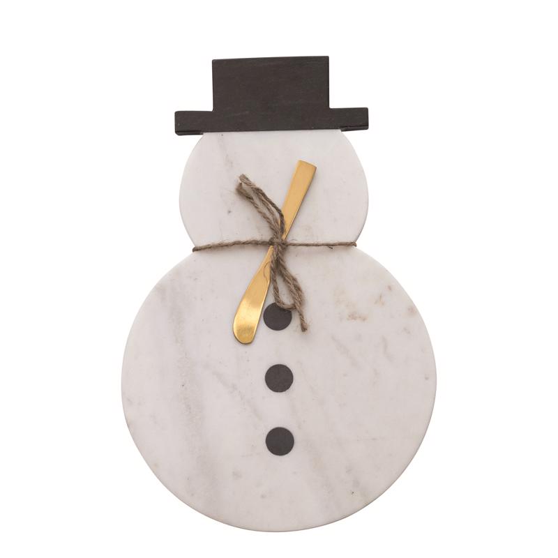 Creative Co-Op White Marble Snowman Cut Board with Knife Table Decor